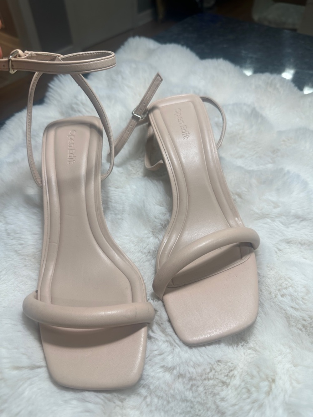 Strappy Square-Toe Heels in Light Beige